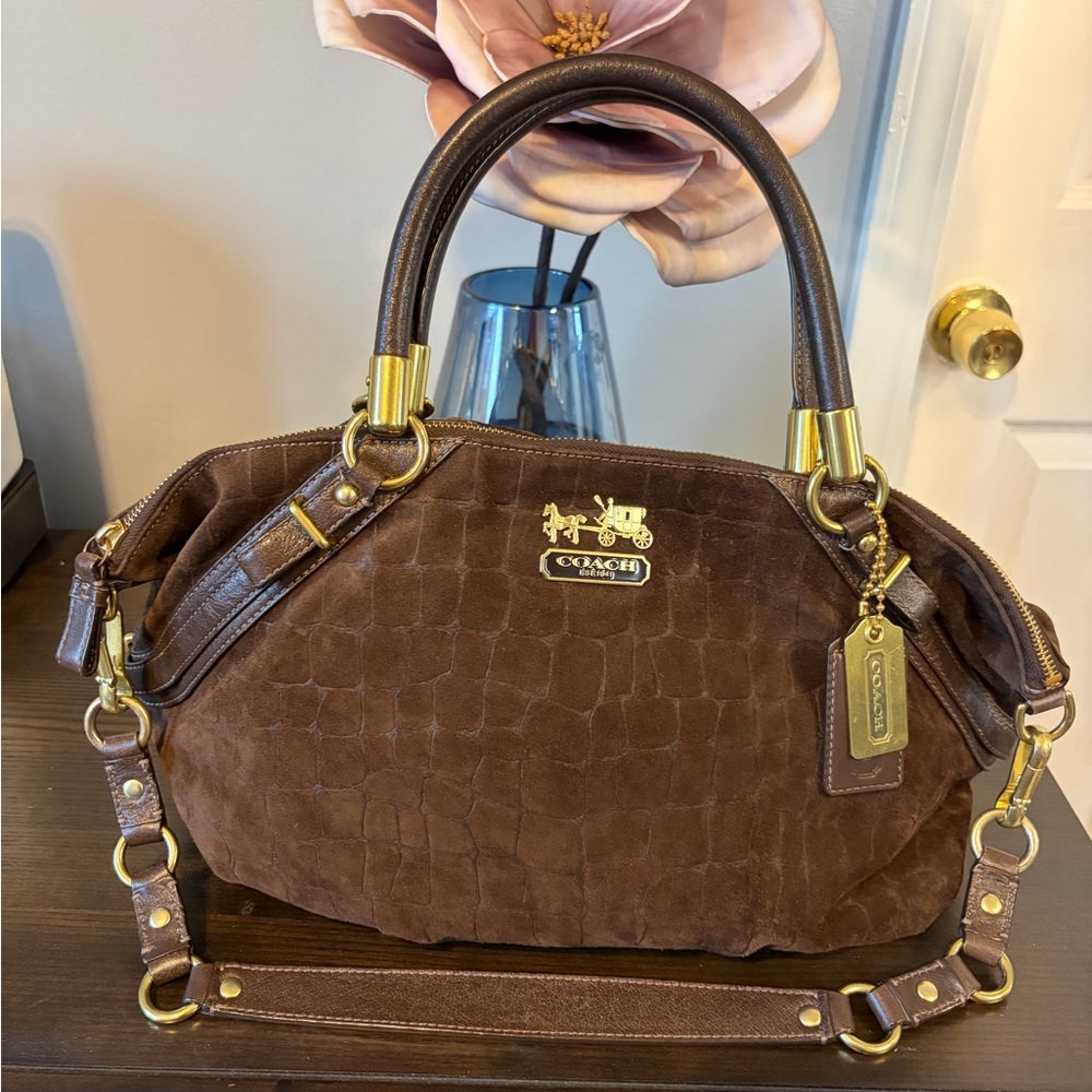 Coach Madison Sophia Satchel Brown Embossed Suede Leather Bag